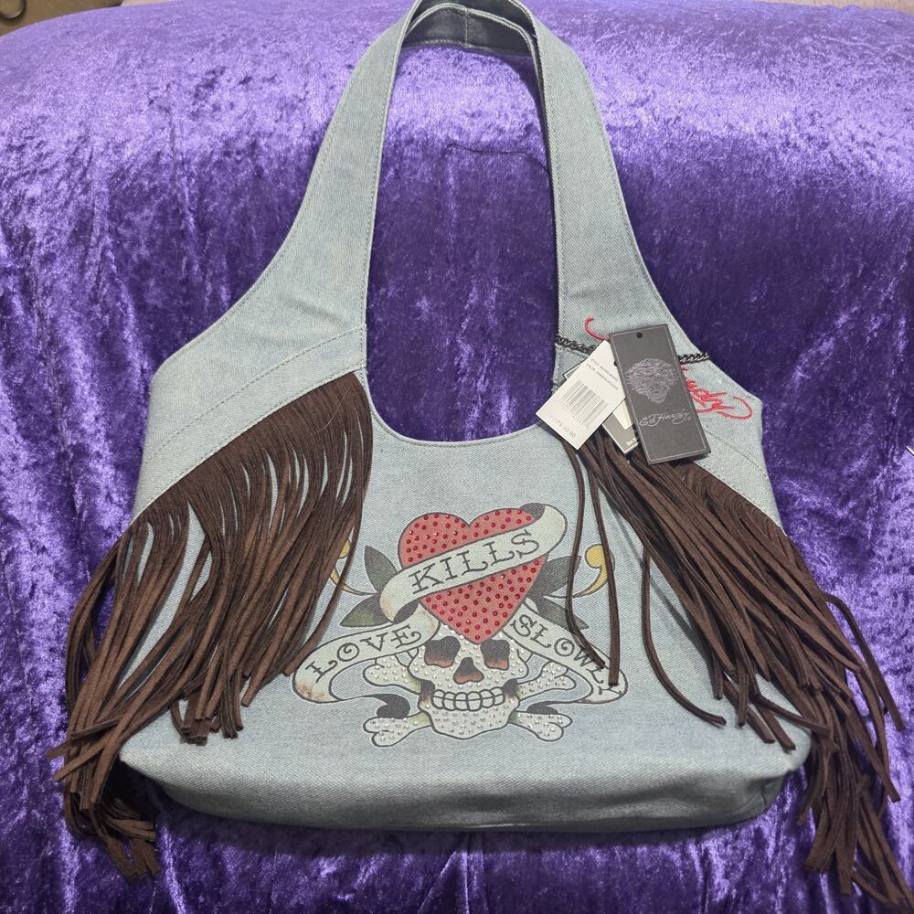Ed Hardy Denim Tote Bag Rhinestone Love Kills Slowly With Suede Tassels NWT